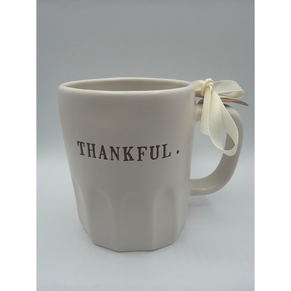 Rae Dunn THANKFUL Cream Brown Fluted Ceramic Mug Fall Thanksgiving